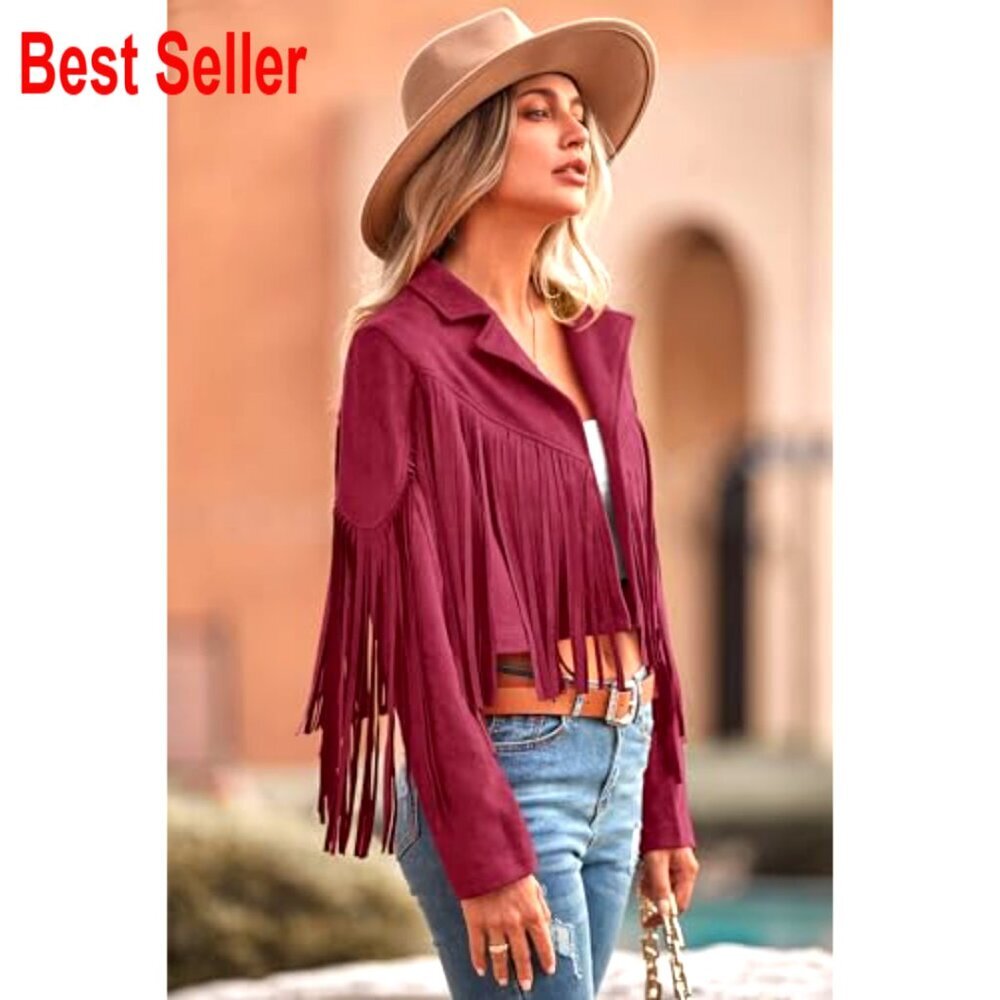 Faux Suede Fringe Cropped Jacket Motorcycle Style Tassel Detail - Picture 3 of 7